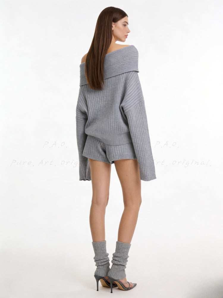 Off-Shoulder Knit Sweater & Relaxed Shorts Two-Piece Set