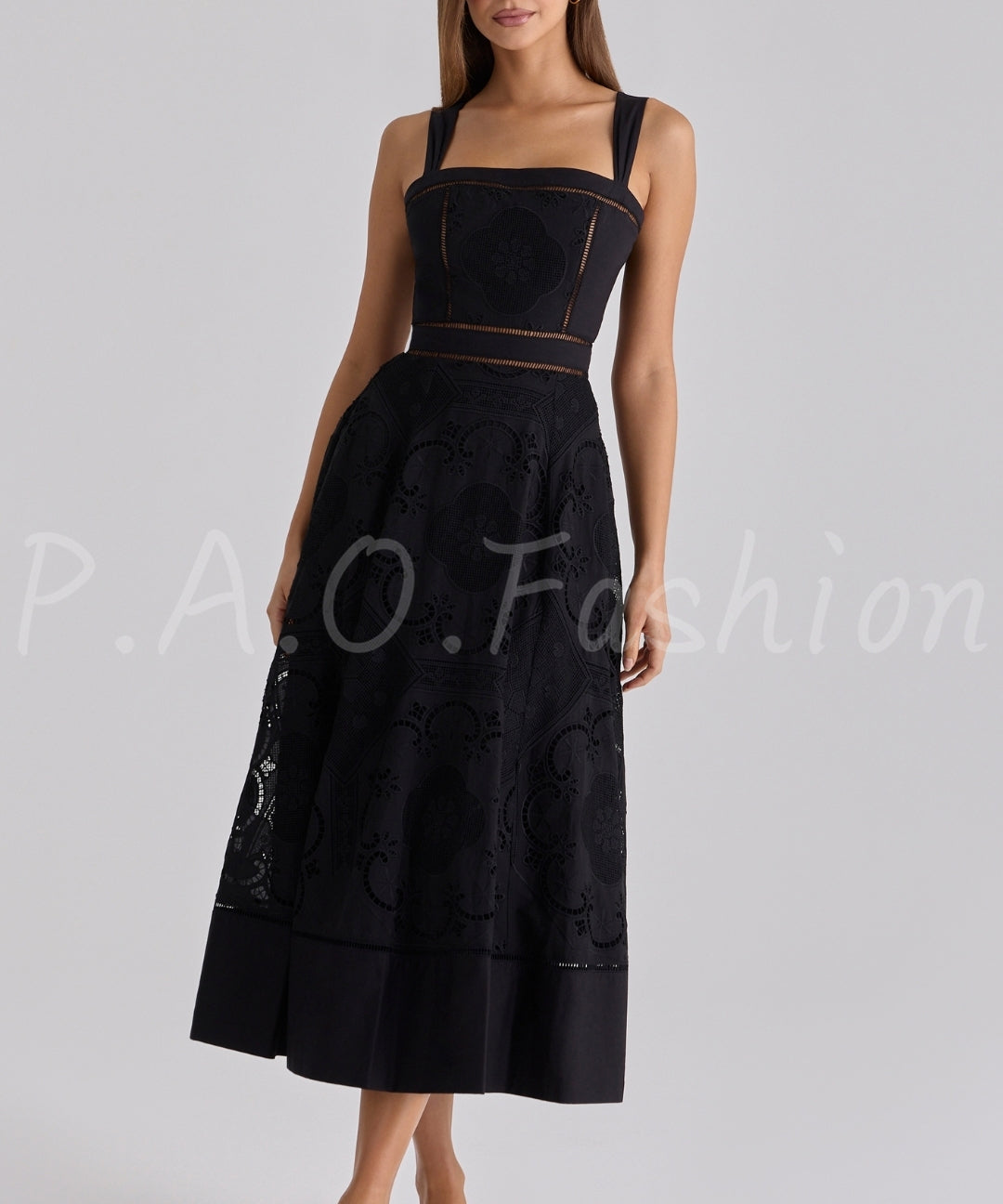 Broderie Anglaise Placement Square Neck Midi Dress[Available Now]