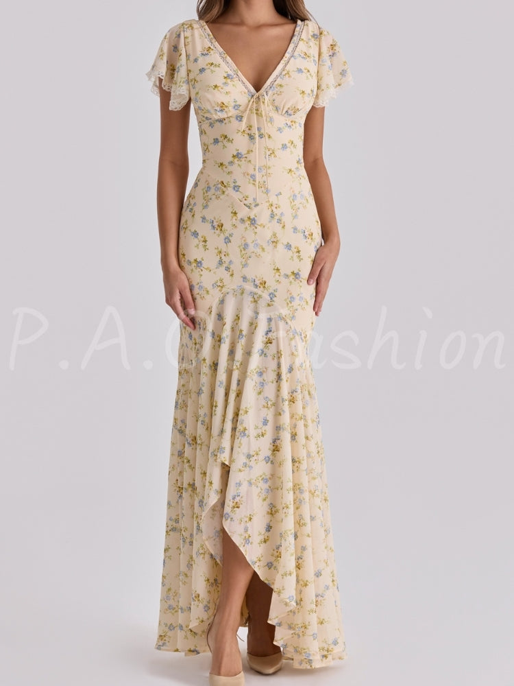 Floral Lace Trim Mermaid Maxi Dress