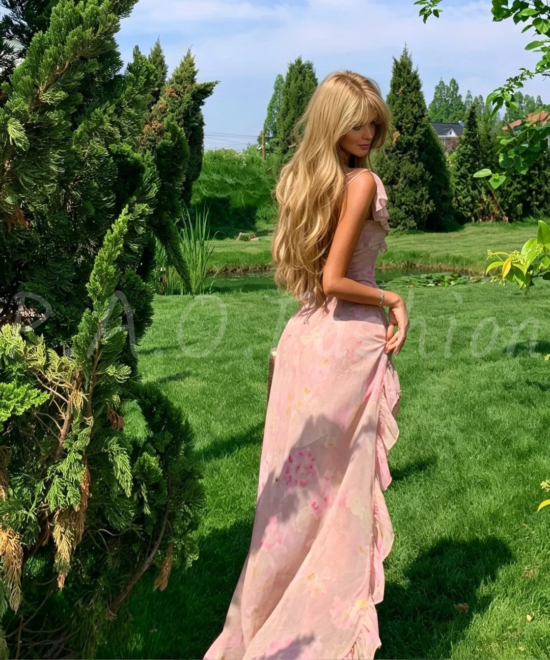Floral Ruffle V-Neck High Slit Chiffon Maxi Dress