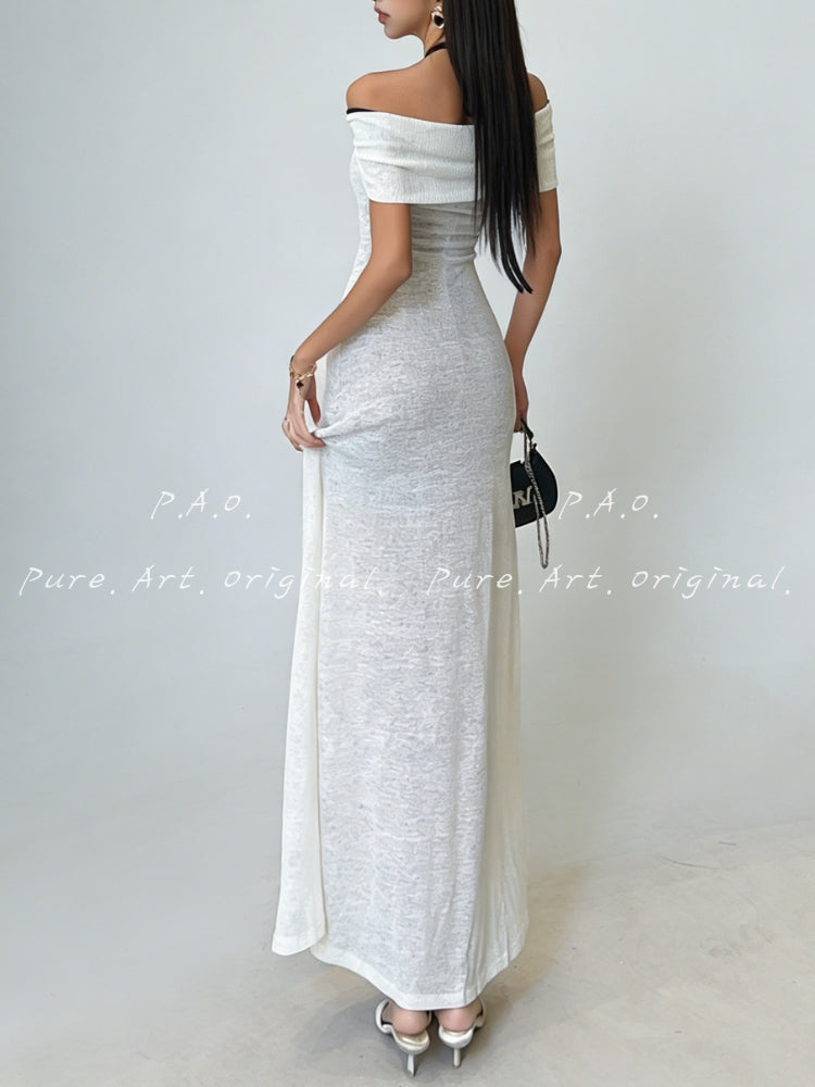 OFF-SHOULDER DRAPED KNIT MERMAID DRESS