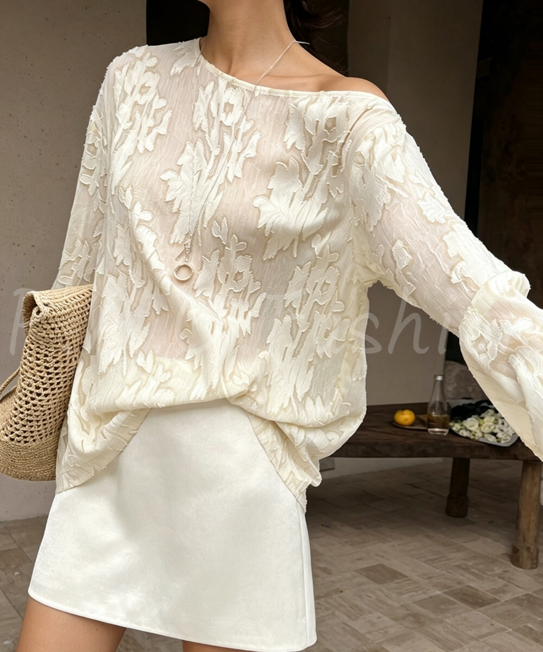 French One-Shoulder Jacquard Long Sleeve Top[Available Now]
