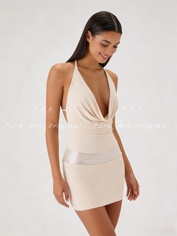 Halter Cowl Neck Sequin Bodycon Mini Dress