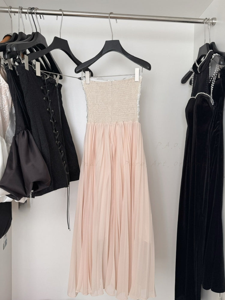 Lace Trim Pleated Strapless Midi Dress