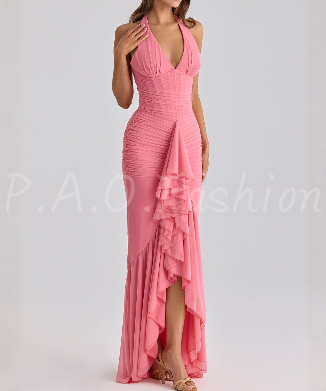 Halter Mesh Ruched Slit Maxi Dress[Available Now]