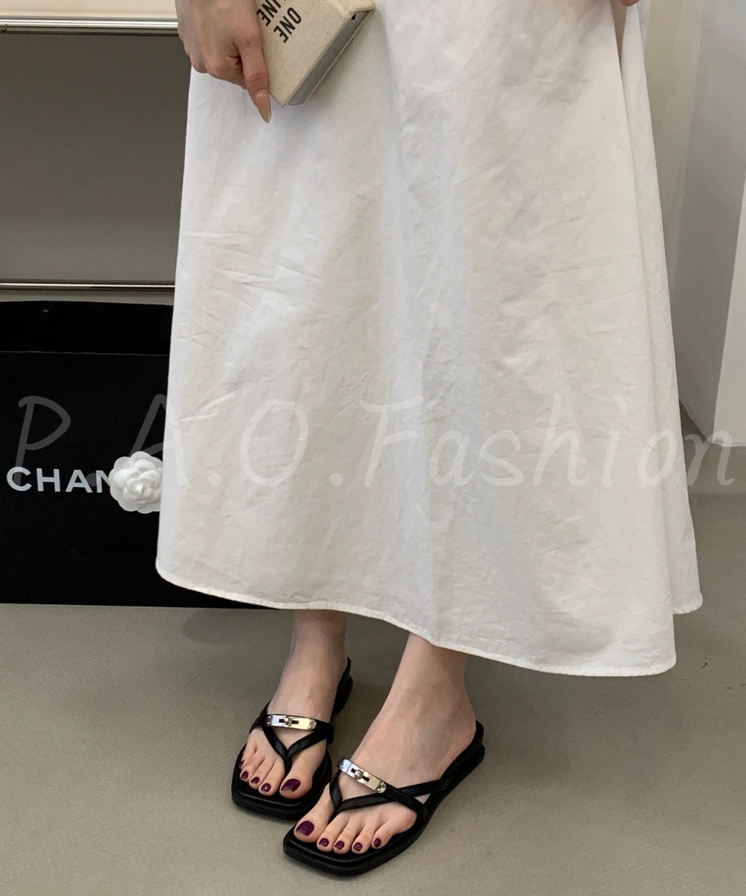 Square Toe Thong Sandals with Metal Detail
