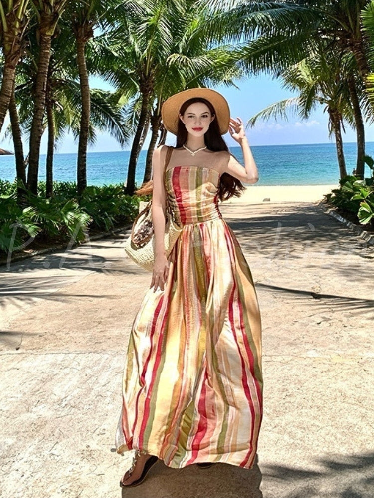 Tie-Dye Stripe Bandeau Flowy Maxi Dress