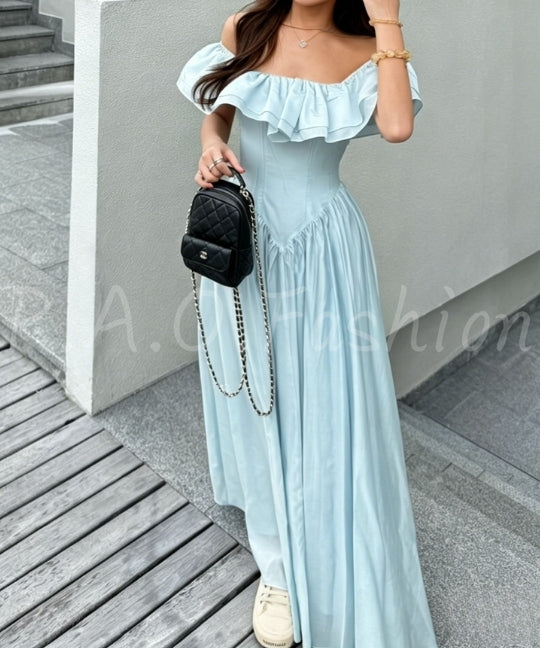 Off-Shoulder Ruffle Corset Maxi Dress