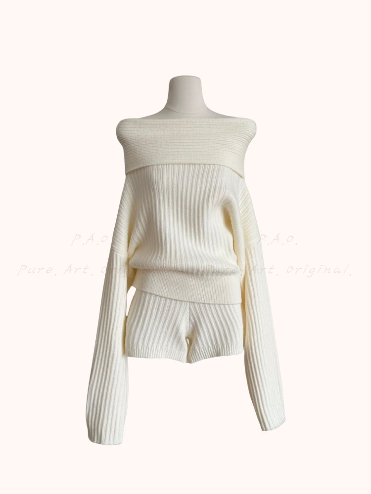 Off-Shoulder Knit Sweater & Relaxed Shorts Two-Piece Set