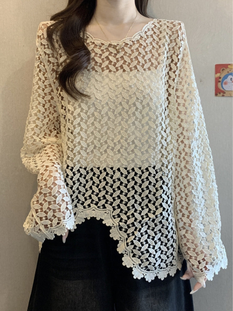 Sequin Lace Sheer Long Sleeve Cover-Up