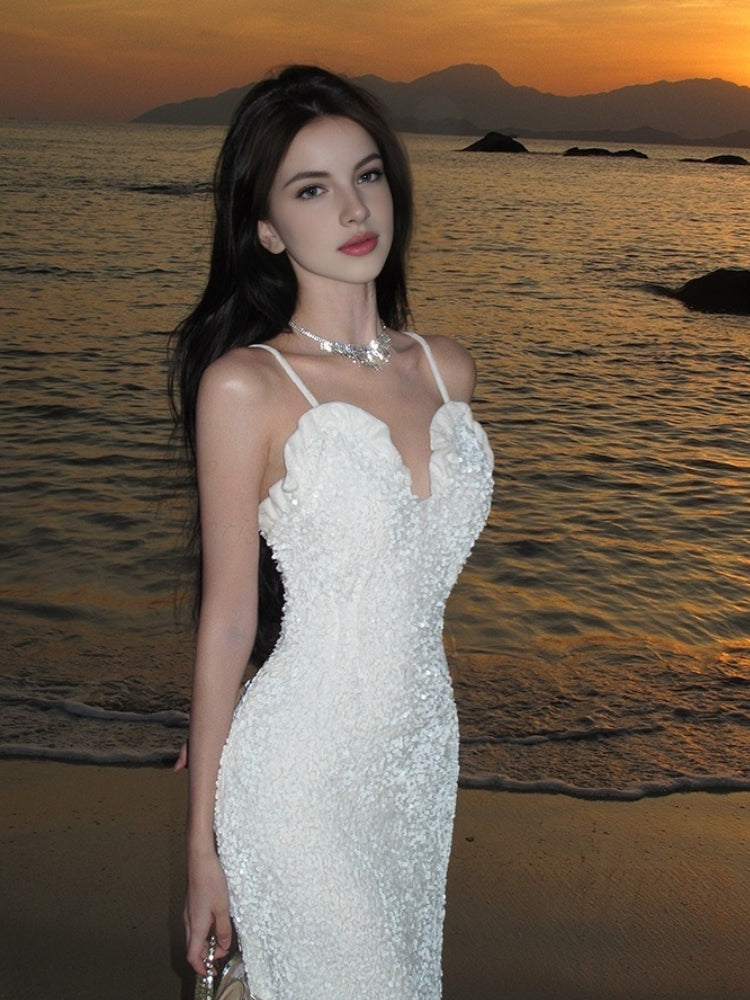 Velvet Collar Bud Detail Sequin Dress