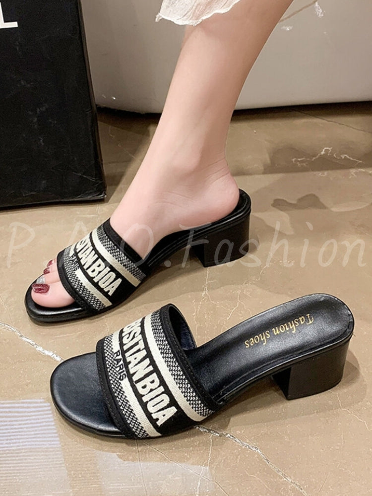 Embroidered Square-Toe Block Heel Slide Sandals