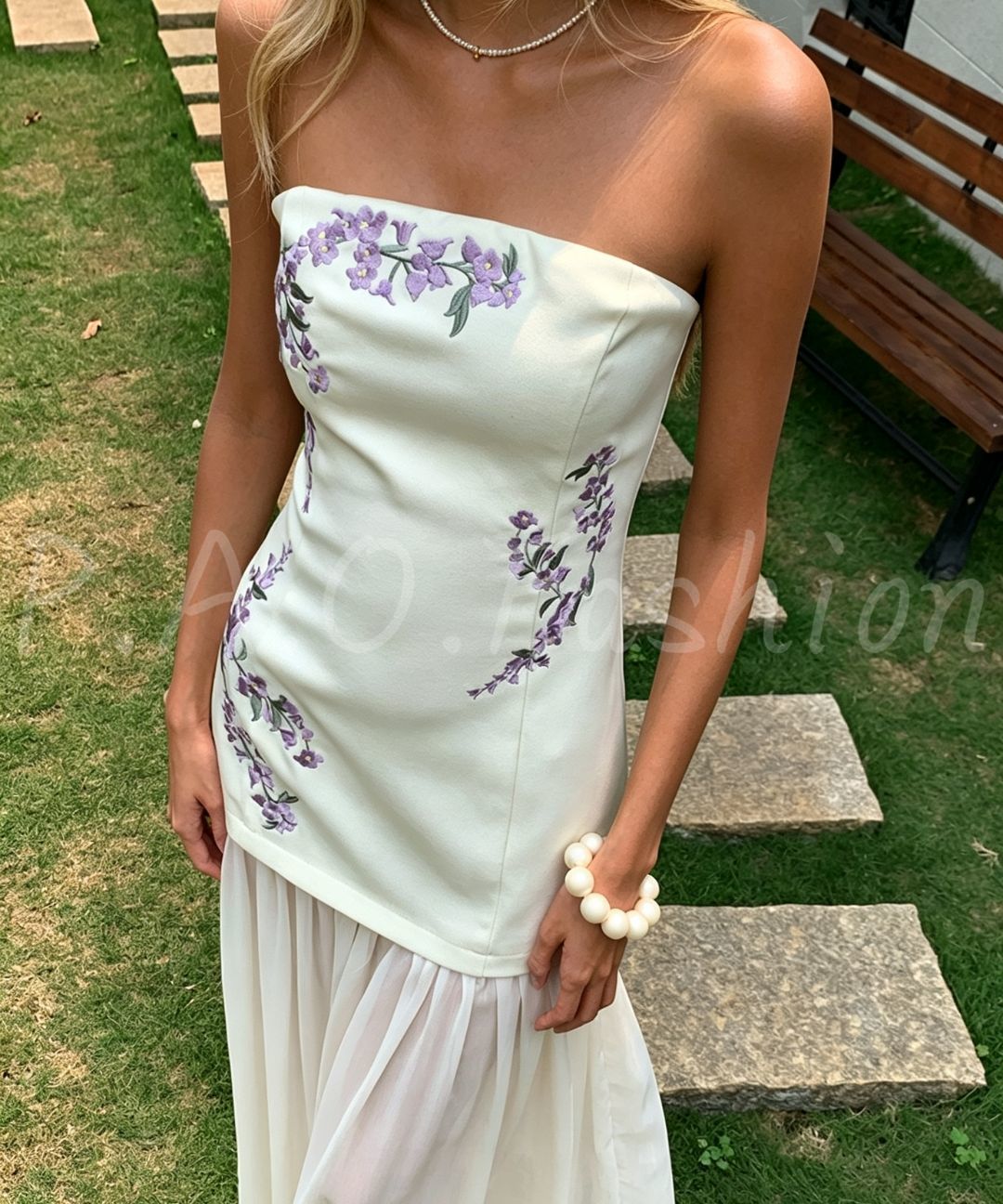 Wisteria Embroidered Strapless Pleated Chiffon Maxi Dress