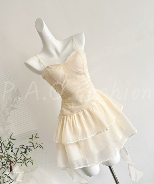Apricot Tulle Ruched Tiered Mini Dress[Available Now]