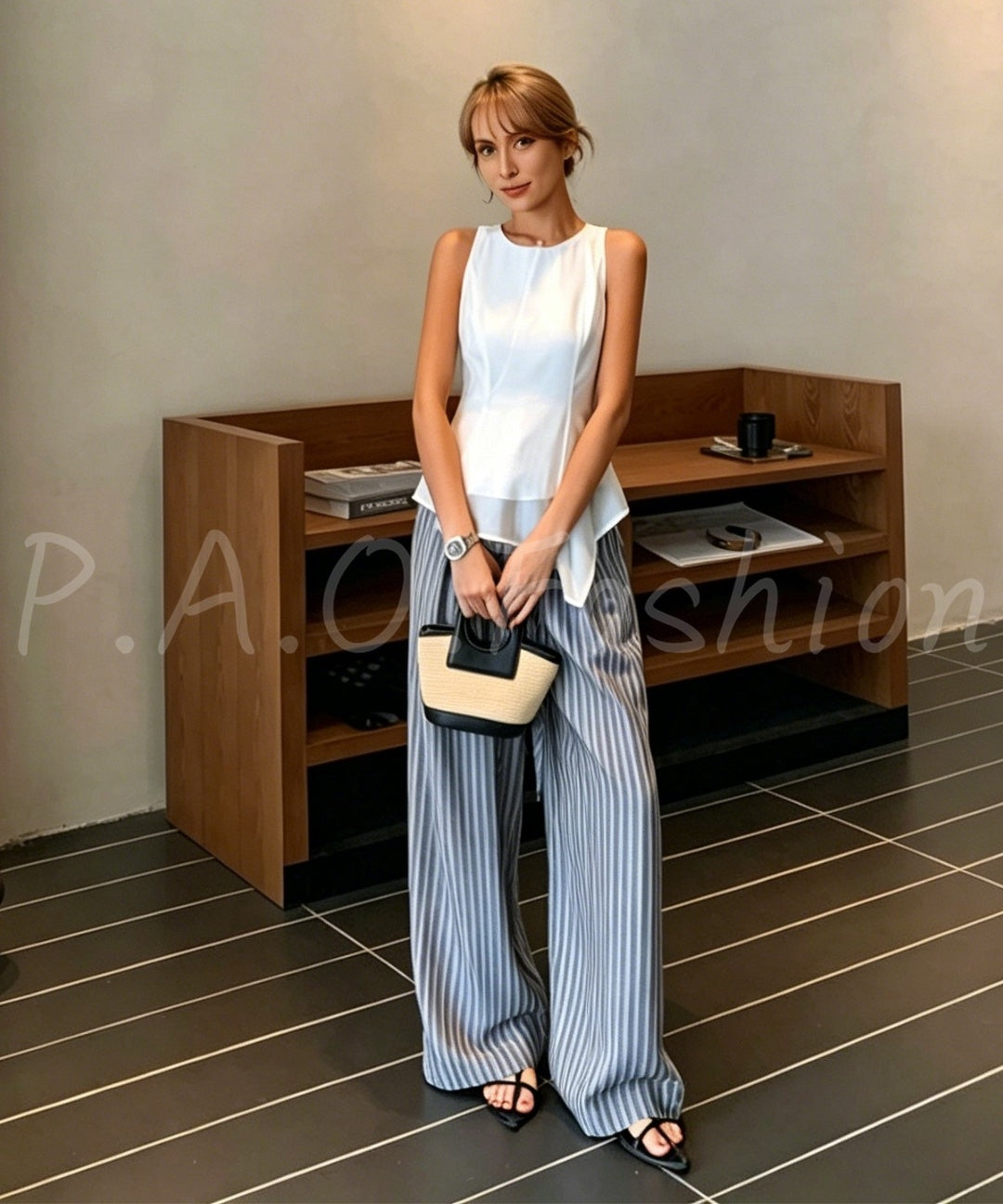 Asymmetrical Waist-Detail Sleeveless Top & Striped Wide-Leg Two-Piece Set
