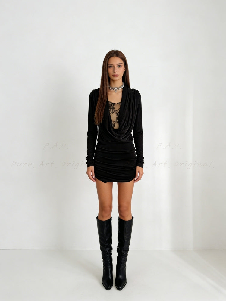 Drape Neck Long-Sleeve Lace Bodycon Mini Dress