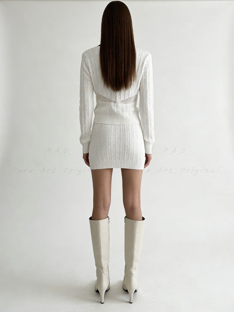 Contrast Bow Knit Cardigan & Mini Skirt Two-Piece Set