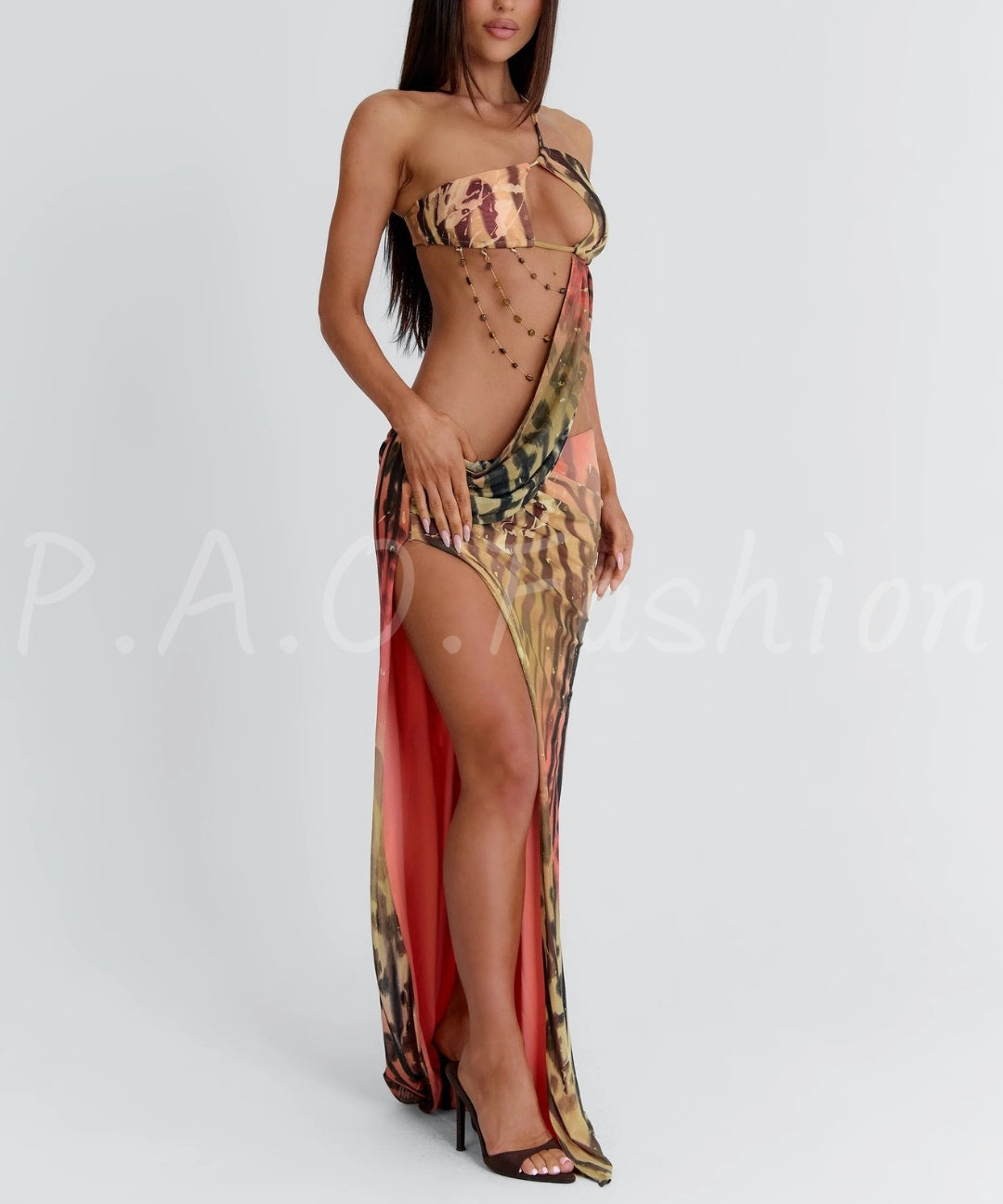 Tie-Dye Cutout Halter Mesh Maxi Dress