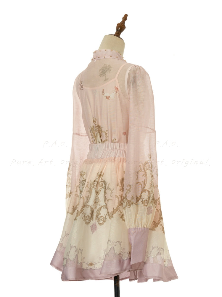 Vintage Print Collar Top & Flared Mini Skirt 3-Piece Set