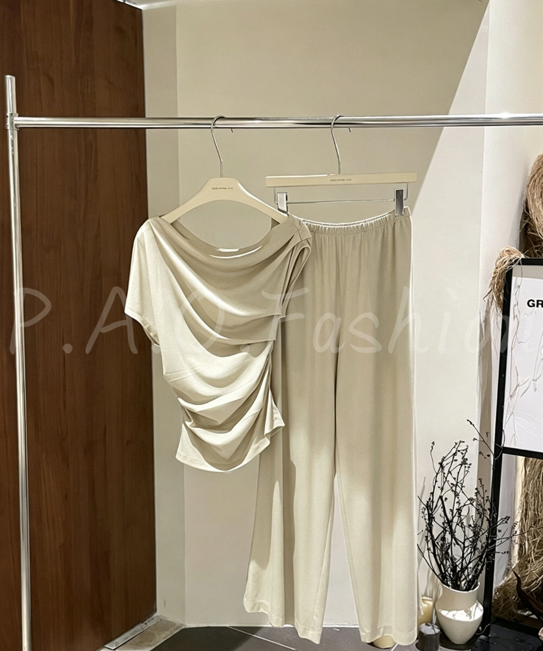 Tencel-Blend Asymmetric Draped Top & Wide-Leg Pants Set[Available Now]