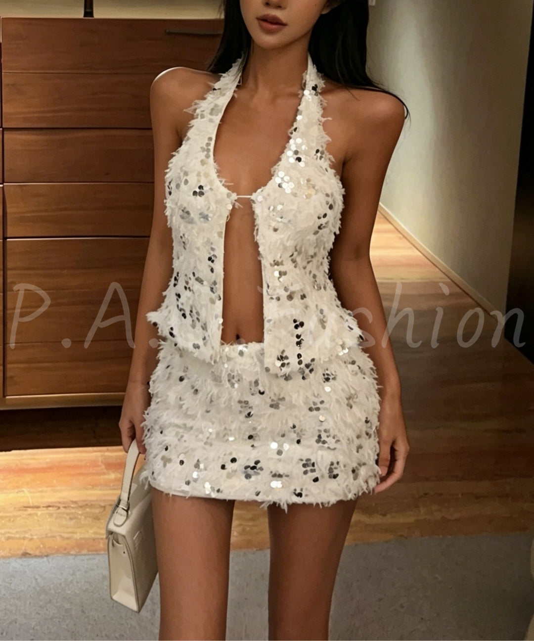 Sequin Feather Halter Top & Skirt Set[Available Now]