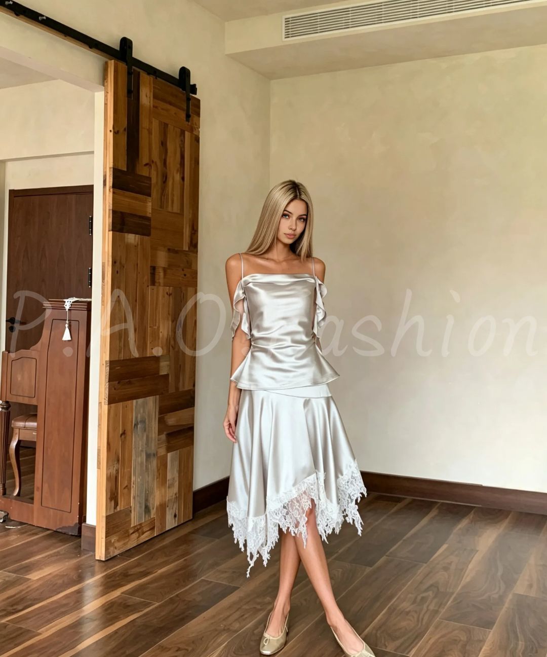 Pearl Satin Cowl Neck Top & Asymmetric Lace Skirt Set