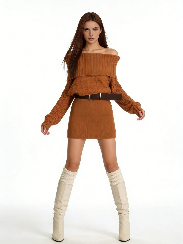 High-Neck Knit Mini Dress with Belt