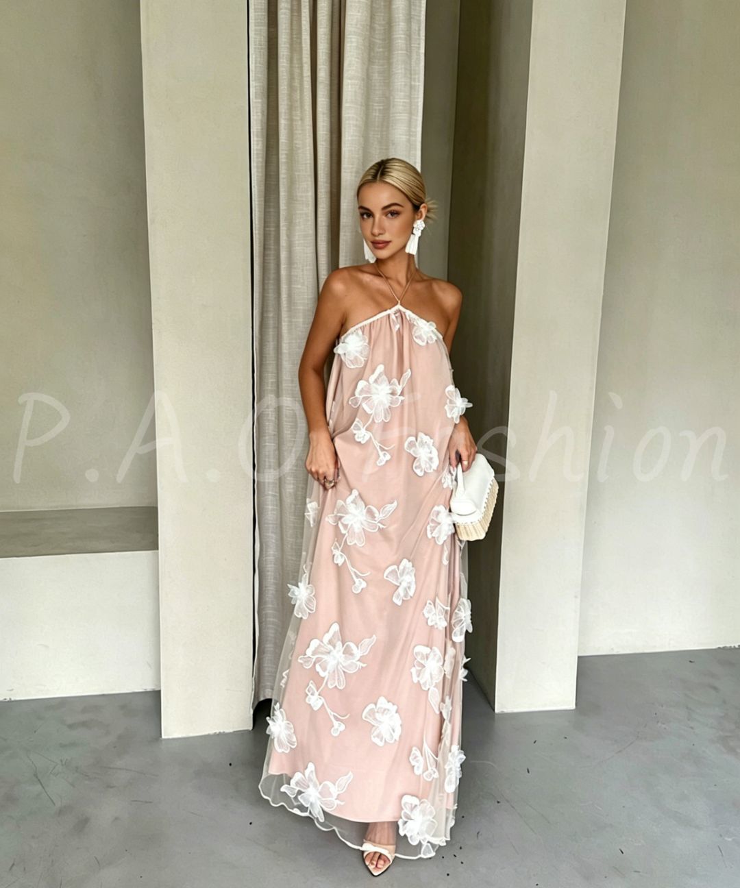 Floral Halter Mesh Maxi Dress