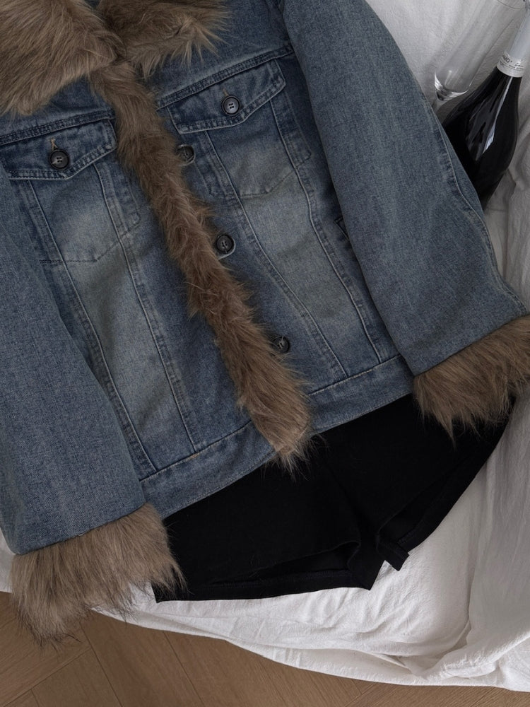 Washed Denim Faux-Fur Patchwork Puffer Jacket