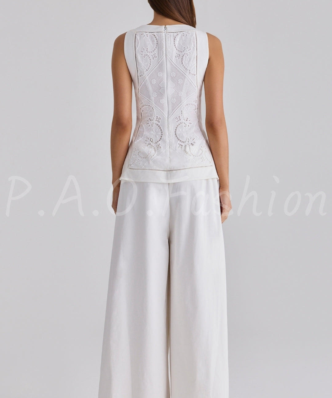 Lace Broderie Anglaise Boat Neck Top & Wide Leg Trousers Set[Available Now]