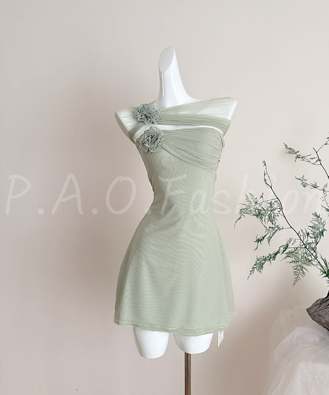 3D Floral Mesh Halter Mini Dress[Available Now]