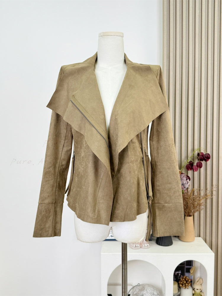 Oversized Collar Suede-Finish Slim Waist Short Coat