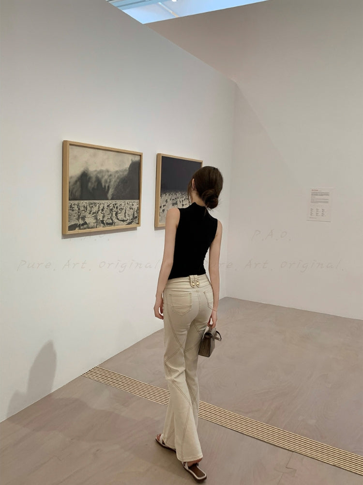 Gold-Button Contrast Stitch Stretch Flared Jeans