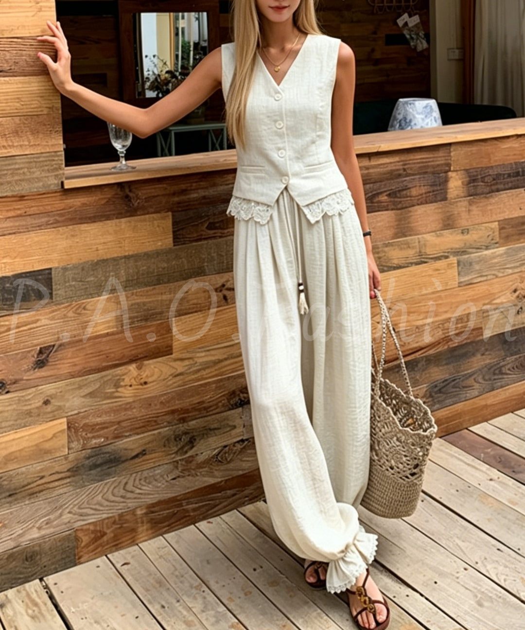 Bohemian Lace Trim Vest & Lantern Pants Set[Available Now]