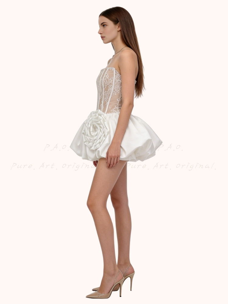 Lace Corset Strapless Satin Puff Gown