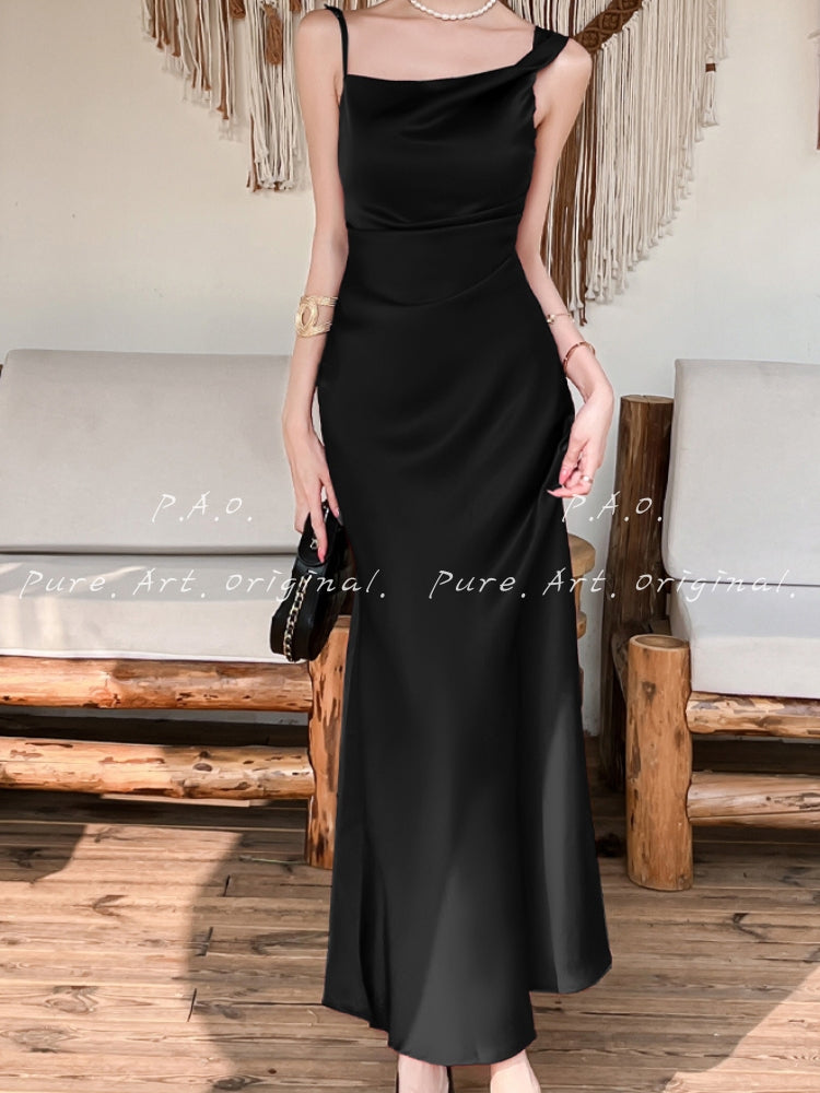 Satin Asymmetric Slip Maxi Dress