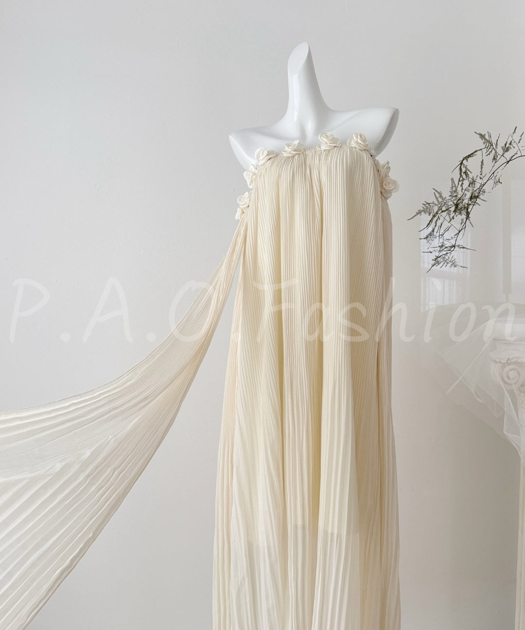 Strapless Pleated Chiffon Maxi Dress with Rosette Detail[Available Now]