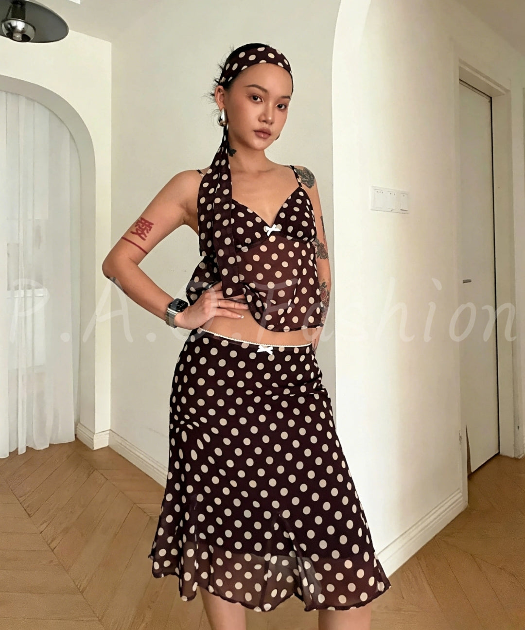 Vacation-Inspired Polka Dot Chiffon Three-Piece Set