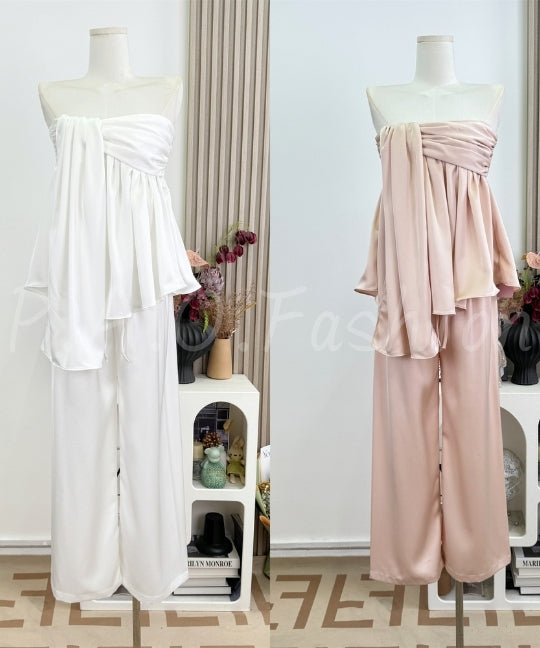Twist Bandeau Satin Top & Wide-Leg Pants Set