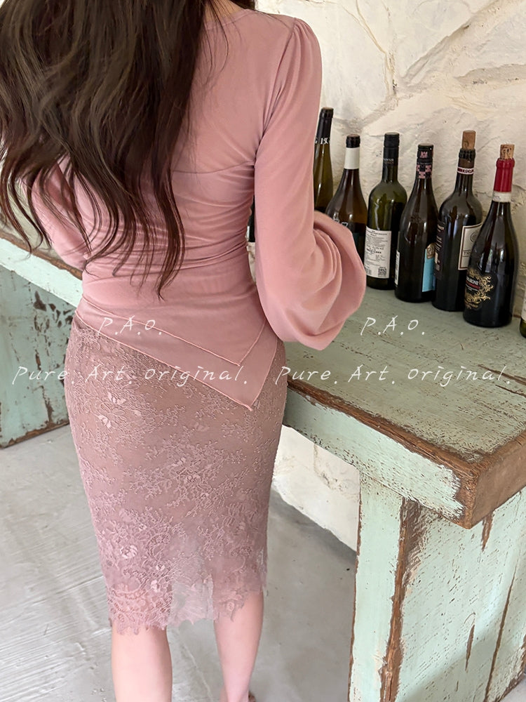 V-Neck Mesh Lace Skirt Set