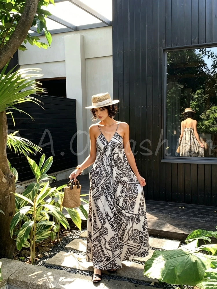 Bohemian Printed Tencel-Linen Slip Maxi Dress