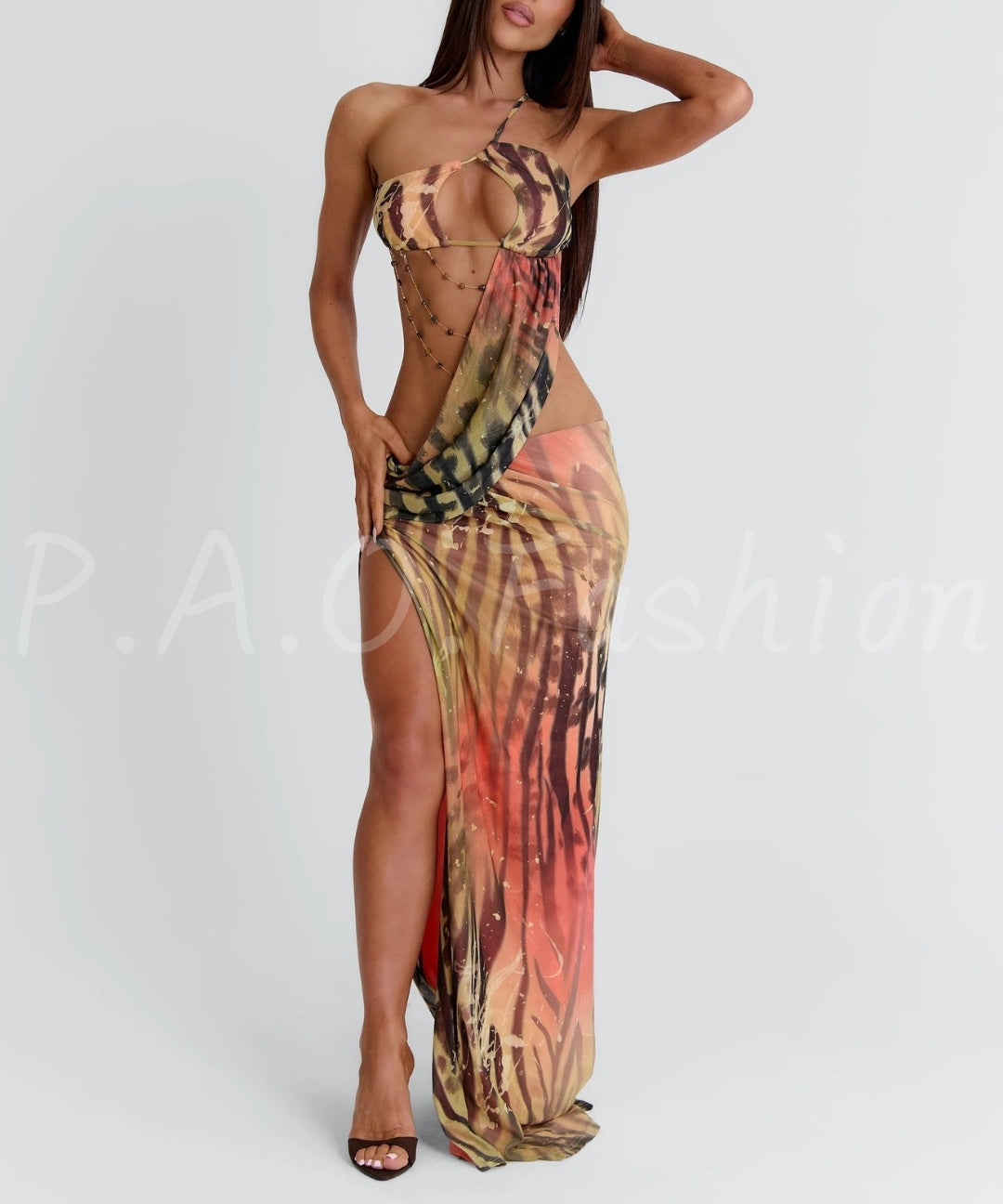 Tie-Dye Cutout Halter Mesh Maxi Dress