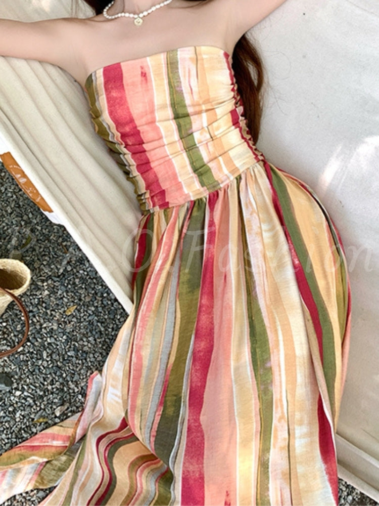 Tie-Dye Stripe Bandeau Flowy Maxi Dress