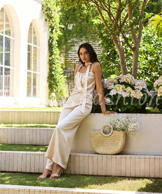 Satin Halter Scarf Top & Wide-Leg Pants Set