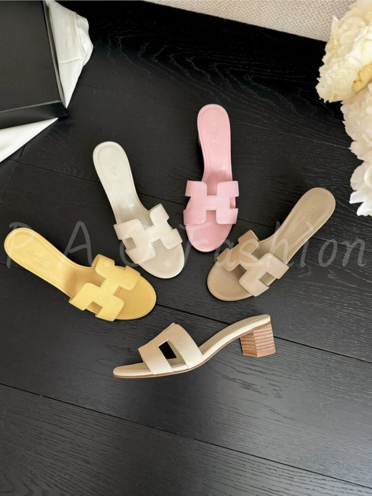 Classic H-Strap Square-Toe Block Heel Slide Sandals