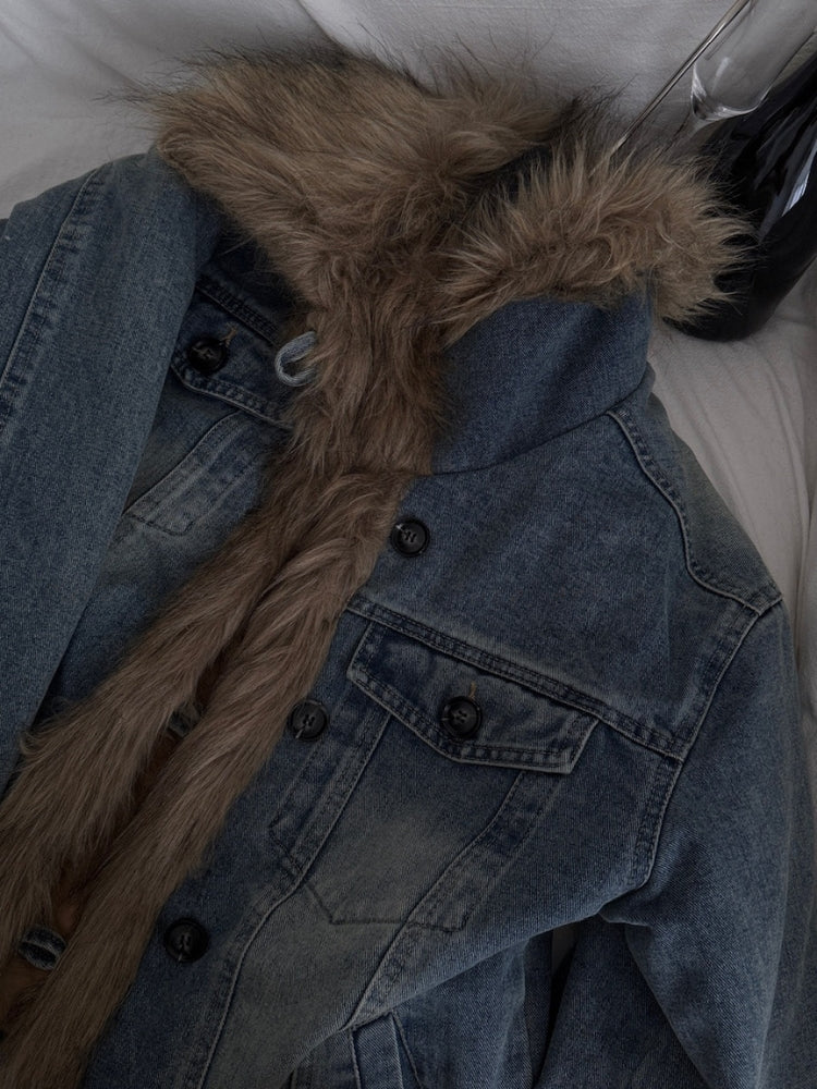 Washed Denim Faux-Fur Patchwork Puffer Jacket