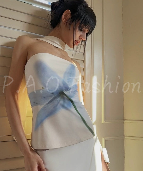 Halter Blue Floral Top & Skirt Set