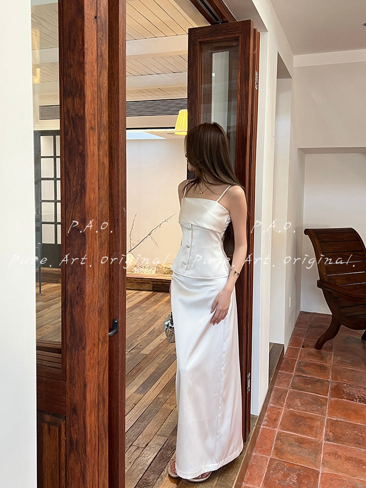 Satin Two-Piece Set – Snatched Waist Top & Sleek Midi Skirt
