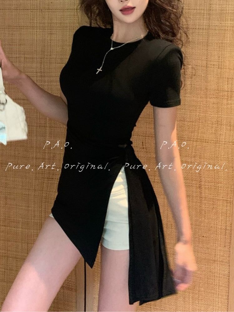 Side Ruched Tie-Up Crop Tee