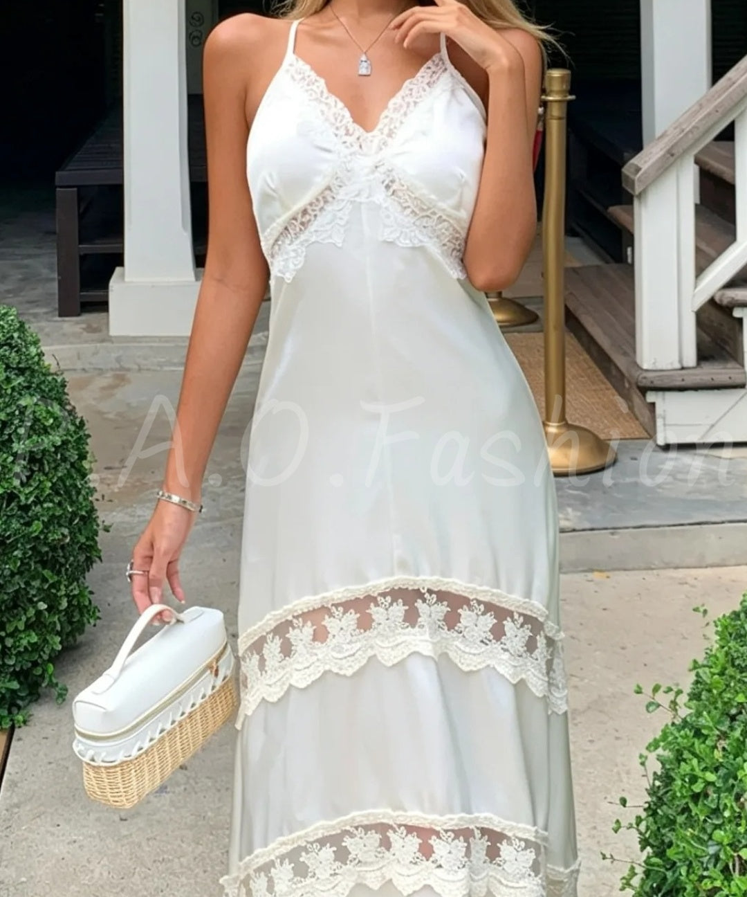 Lace Trim Satin Slip Maxi Dress